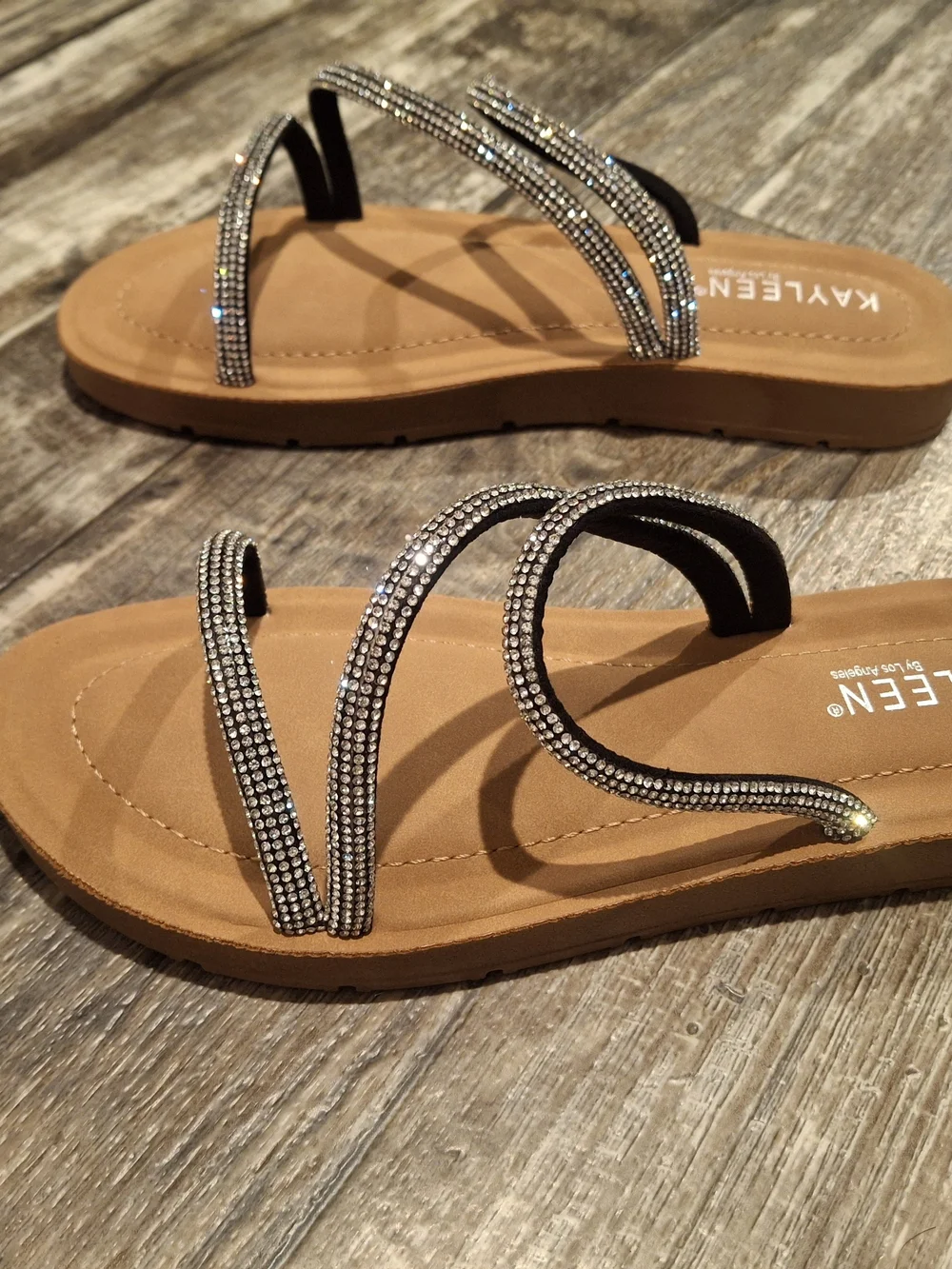 KAYLEEN By Los Angeles Tan Slide Sandals with Black Straps